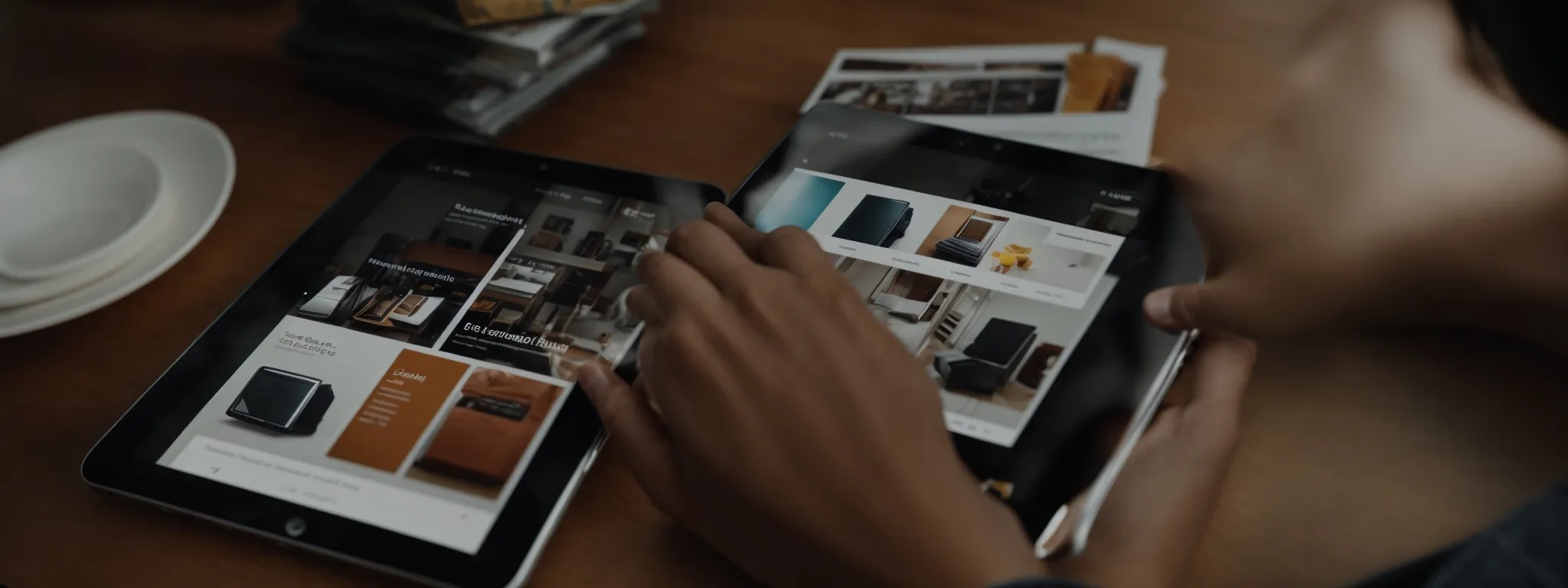 a consumer casually browsing through an online store on their tablet, with a diverse array of product images displayed on the screen.