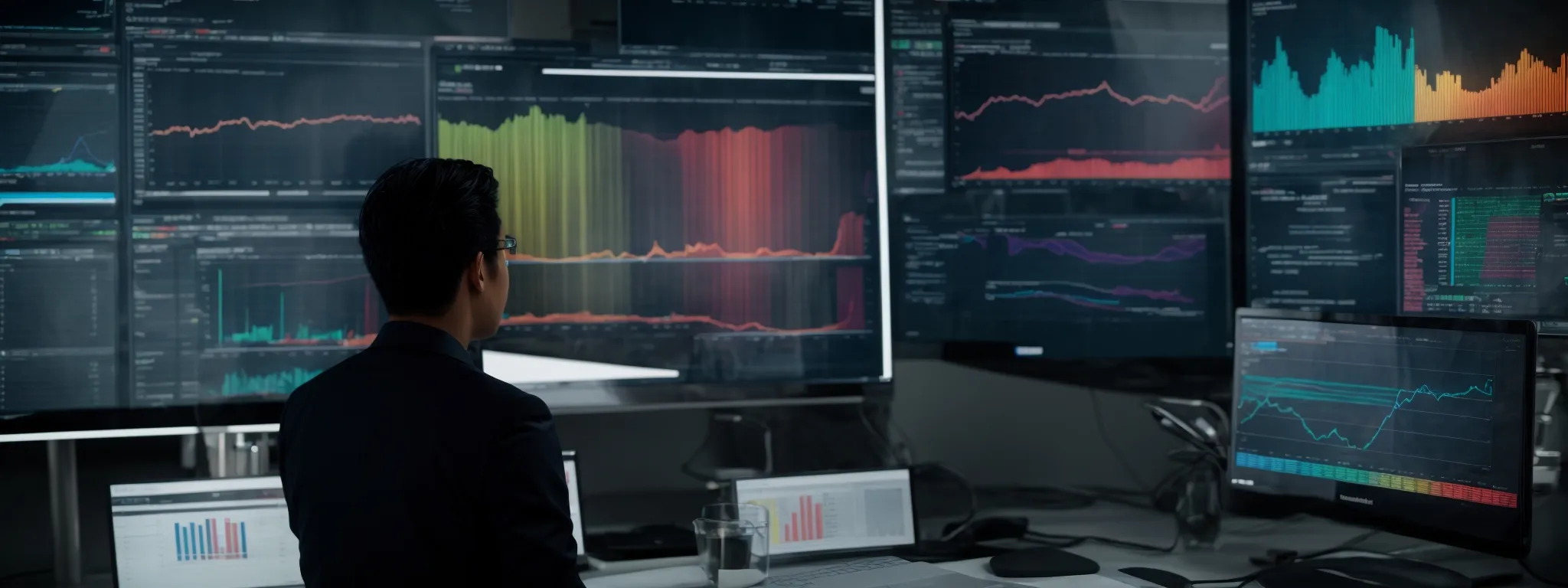a person analyzing a computer screen displaying colorful graphs and performance indicators in a sleek, modern office.