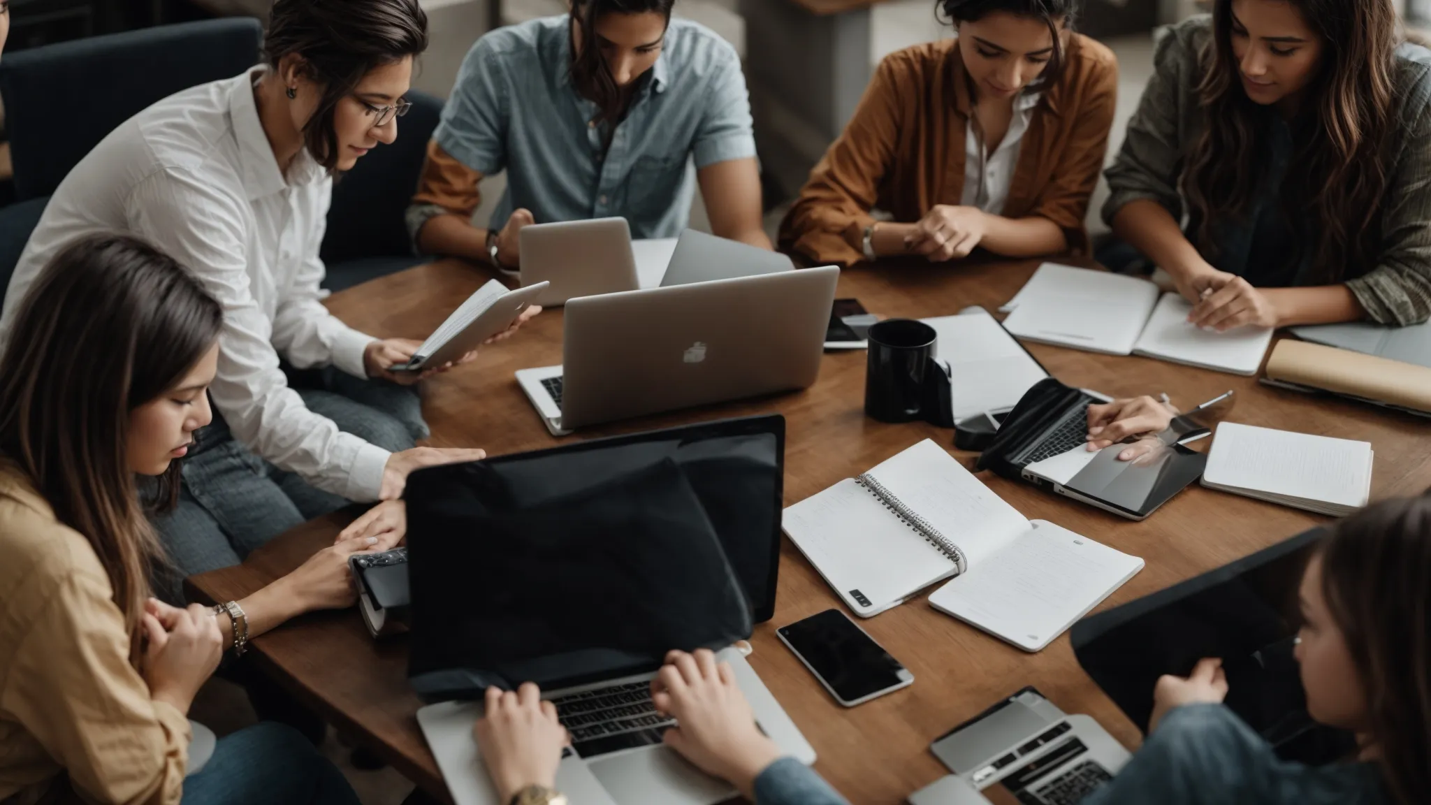 a group of people gather around a table having an active discussion with laptops and notepads, symbolizing collaboration and shared learning.