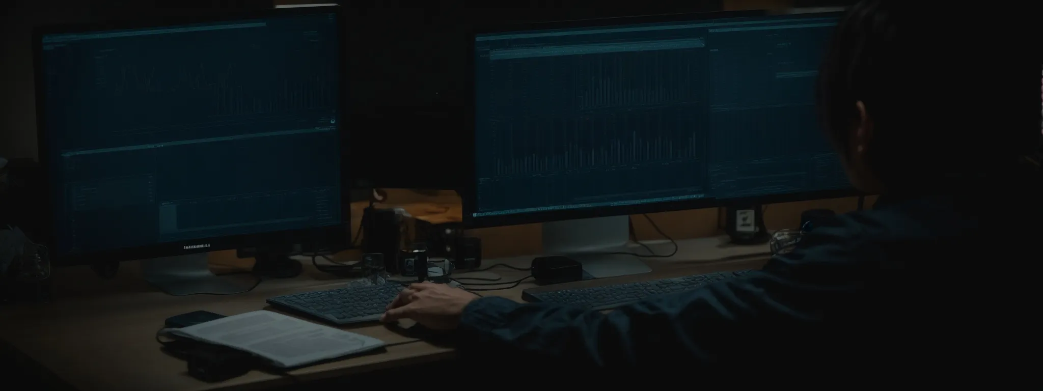 a person seated at a computer analyzing data on a digital marketing dashboard.