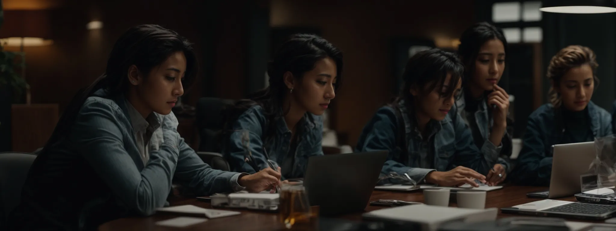 a group of professionals gathered around a conference table strategizing over open laptops and digital devices.