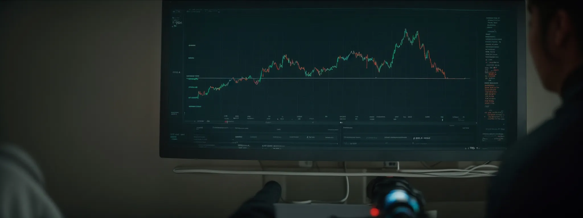 A person looks at a computer screen displaying a line graph of financial market data with values rising and falling over time.