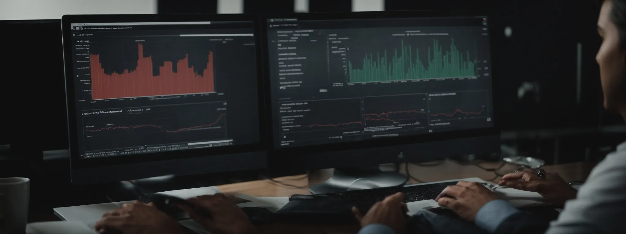 a marketer studies graphs on a computer screen, strategizing the incorporation of conversion rate tools into a digital campaign.