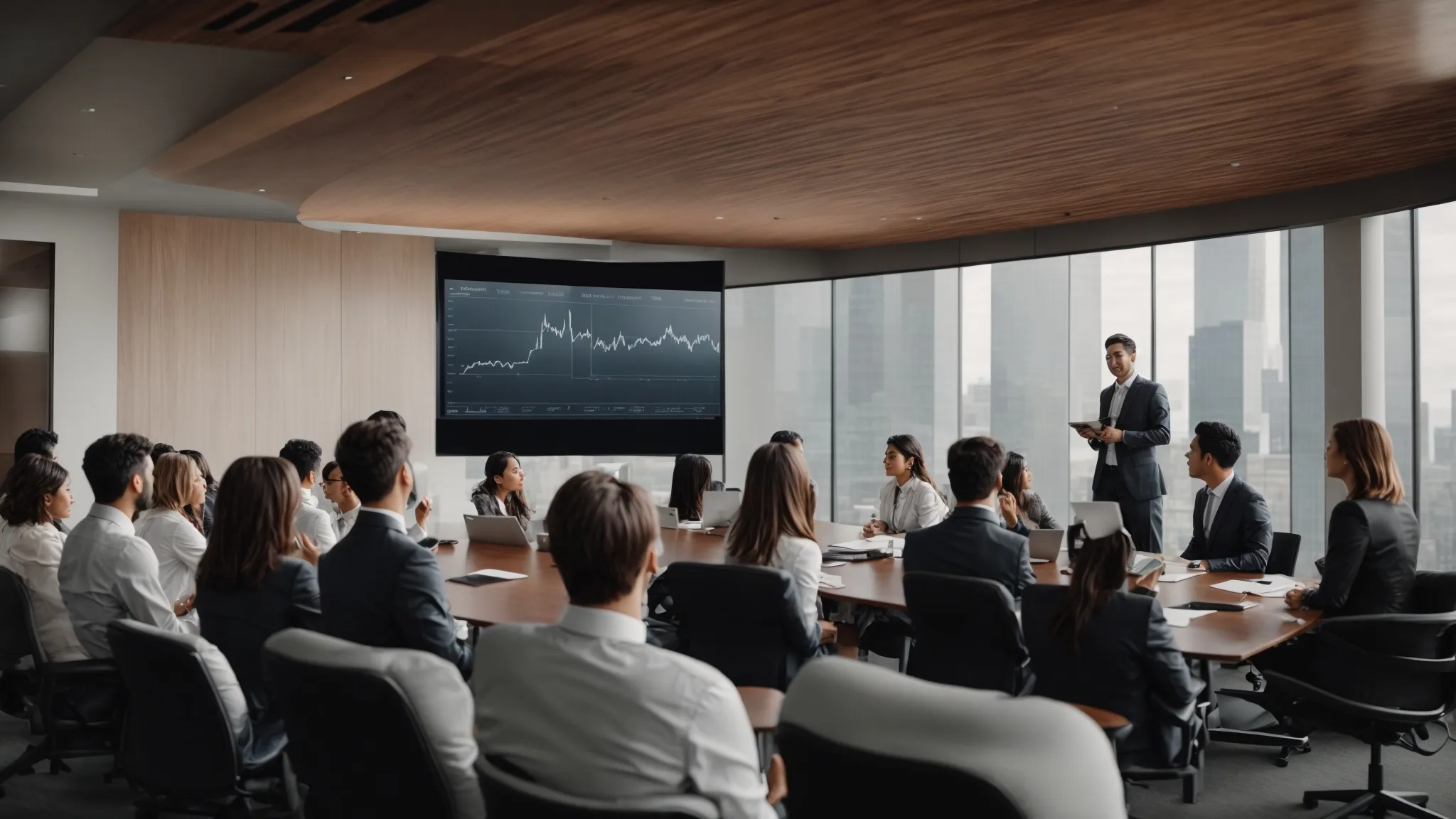 two professional consultants presenting strategies on a large digital screen to a group of marketers in a modern conference room.