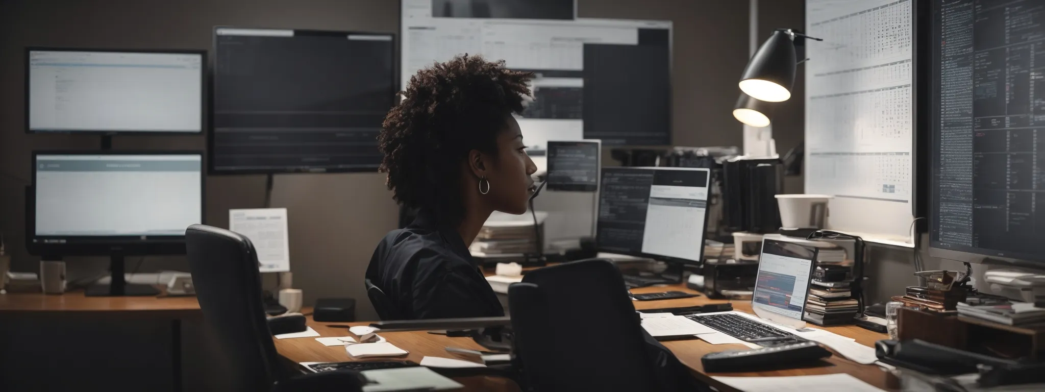 a focused individual works at an organized desk with a modern computer, engaging in strategic planning over a marketing calendar and analytics dashboard.