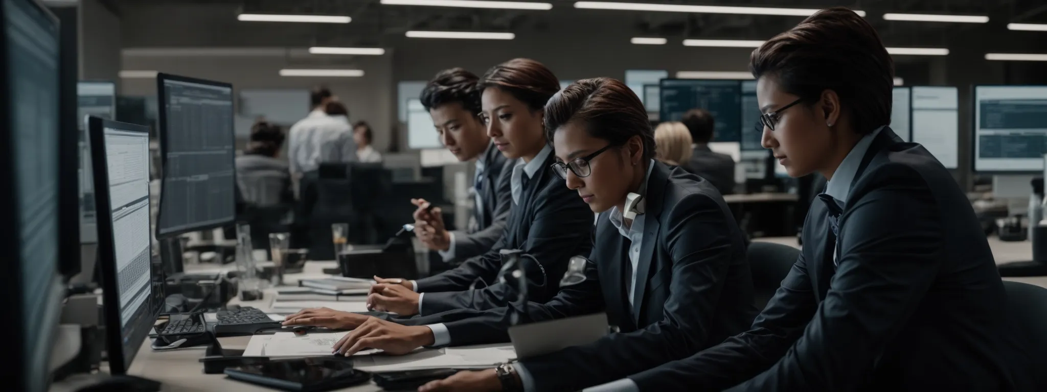 a team of marketing professionals analyzing data on computer screens and crafting a strategy in a modern office.
