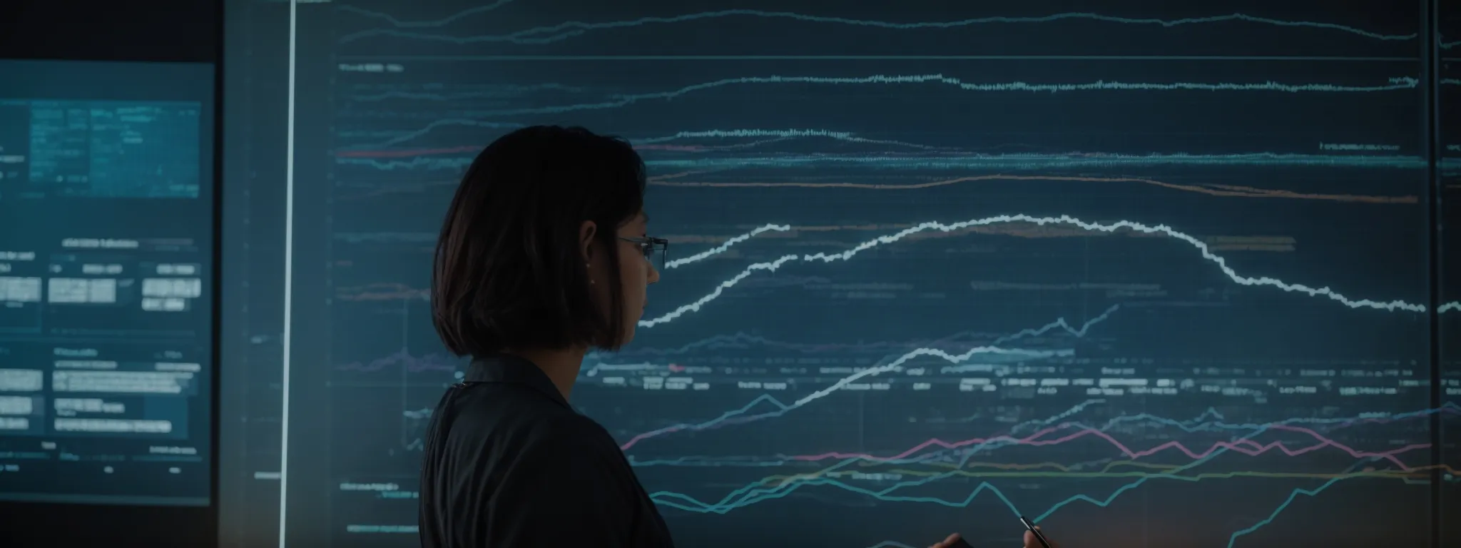 a person gazes at a large, dynamic graph charting seo trends on a futuristic transparent touch screen.