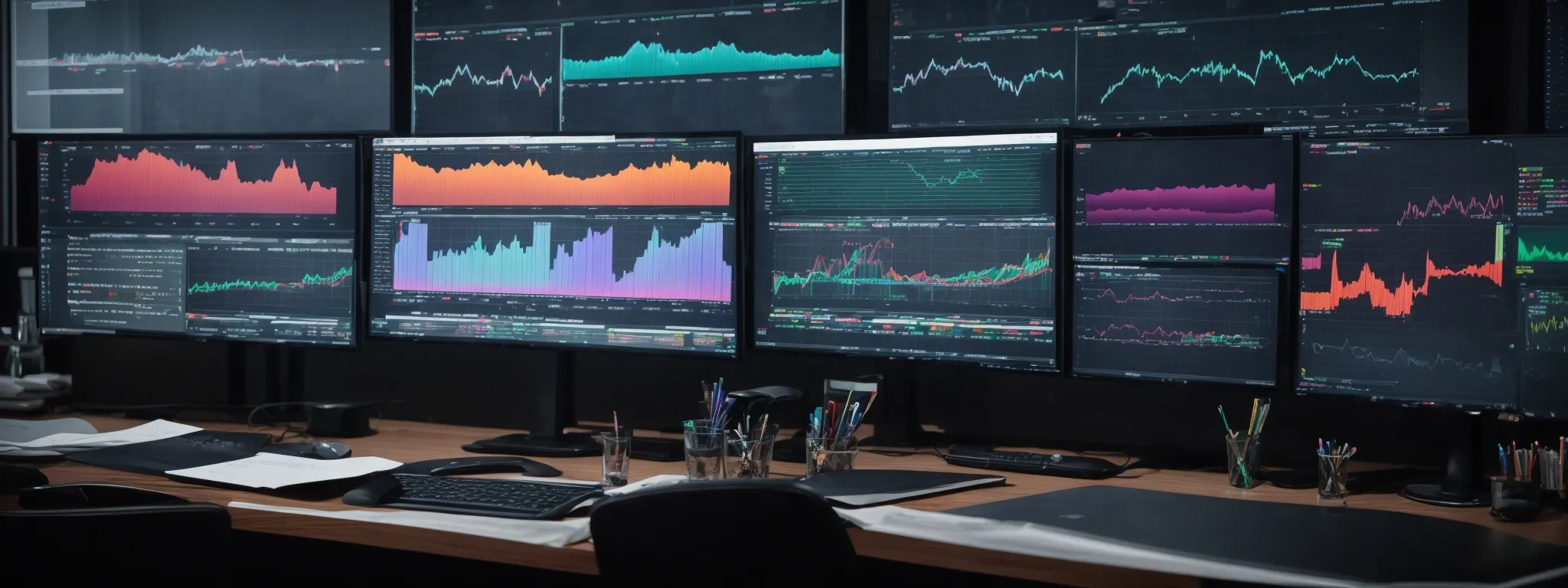 a person sits at a sleek desk with multiple computer screens showing colorful charts and graphs, thoughtfully analyzing digital marketing data.