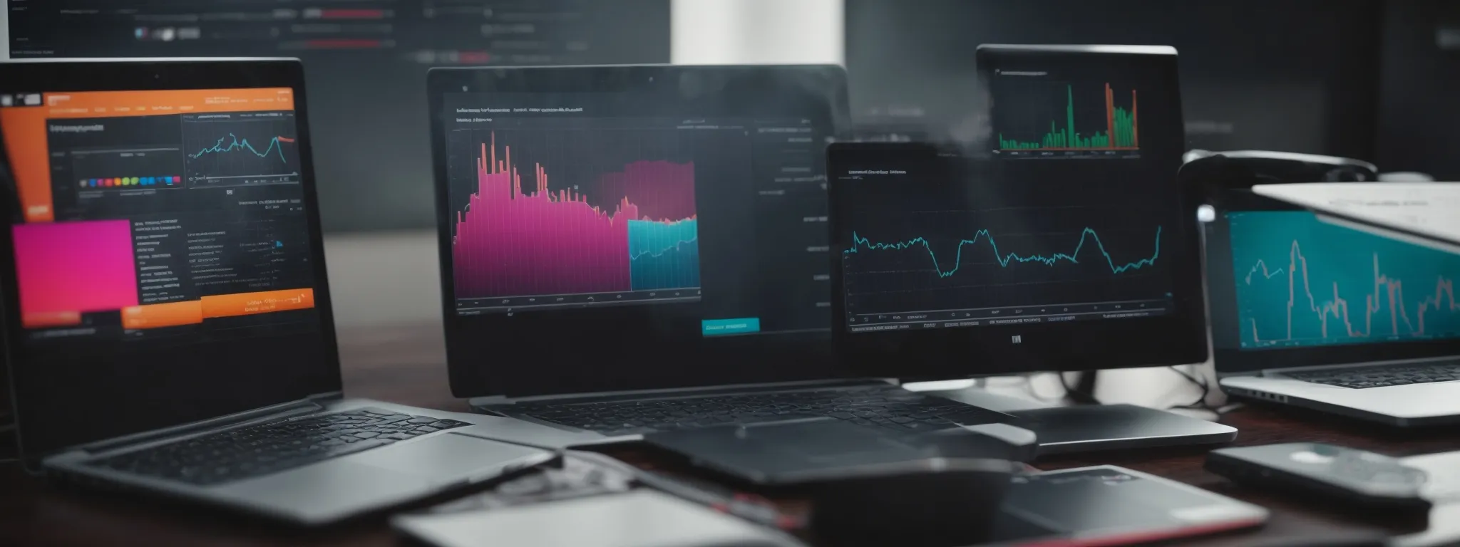 a laptop displays colorful graphs and charts indicative of a digital marketing campaign's performance metrics.