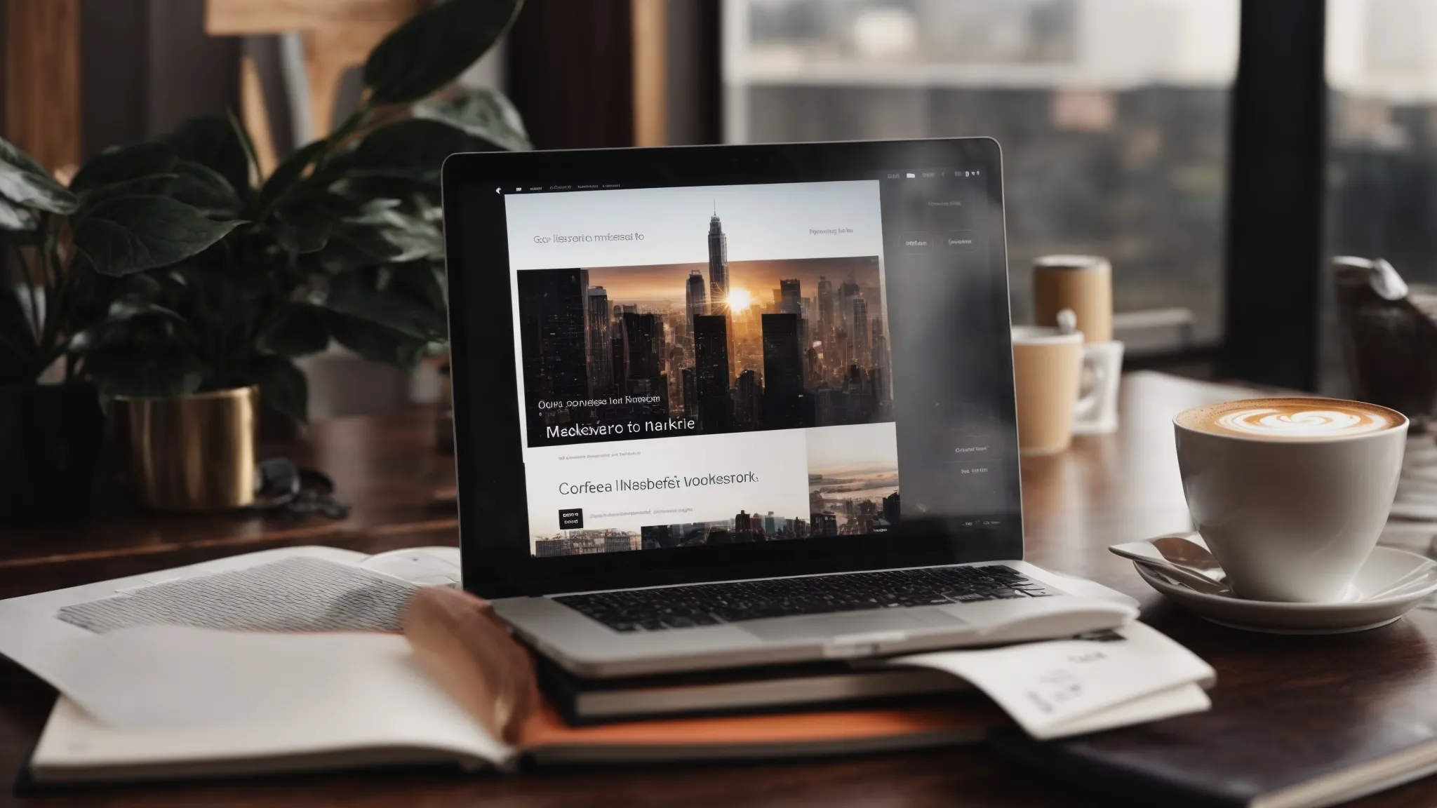 a laptop open on a website offering marketing courses lies on a table surrounded by marketing strategy books and a cup of coffee.