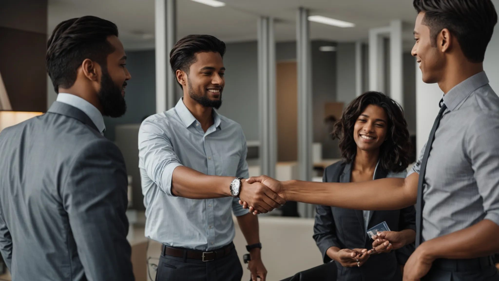 a confident individual shaking hands with a panel of interviewers in a modern office setting.