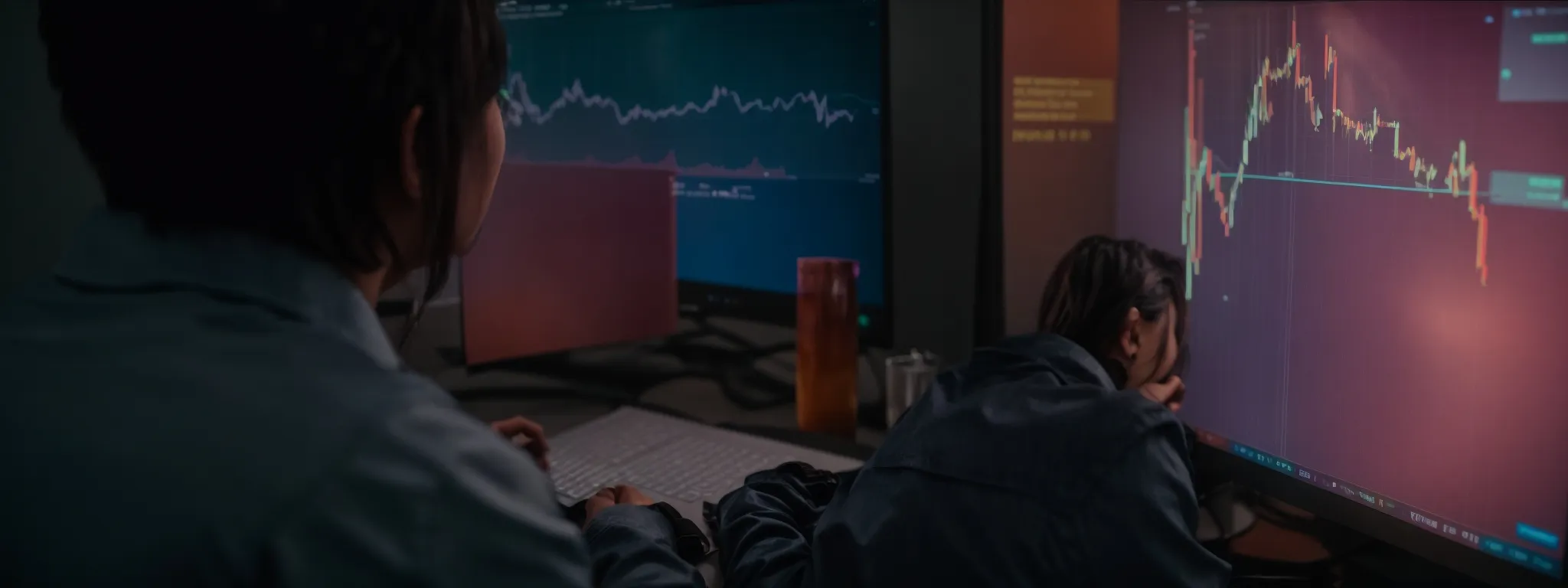 a marketer examining a graph on a computer screen showing advertising performance metrics.