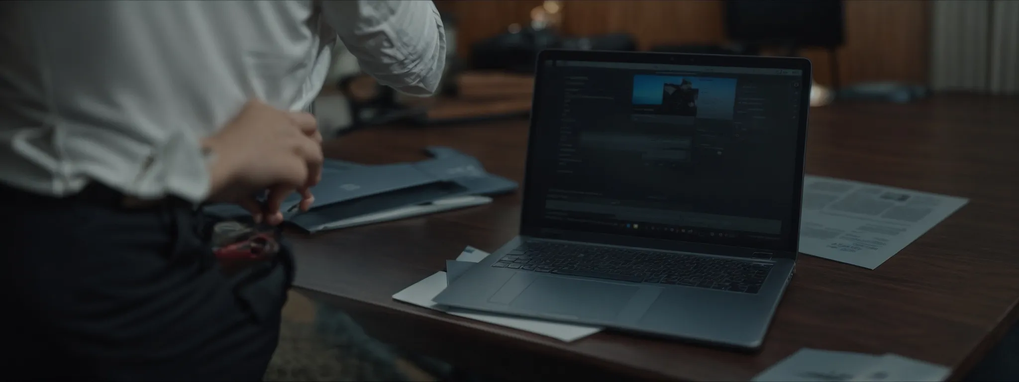 a marketing professional optimizes a facebook page on a laptop.