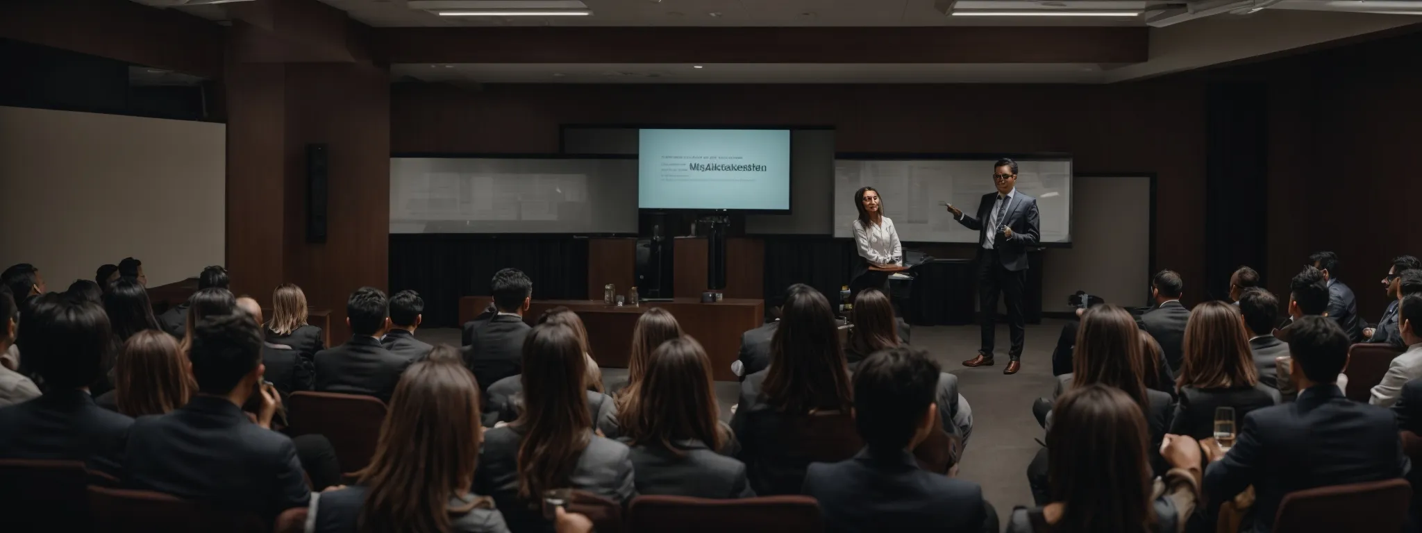 a speaker presenting a digital marketing seminar to a group of attentive professionals.