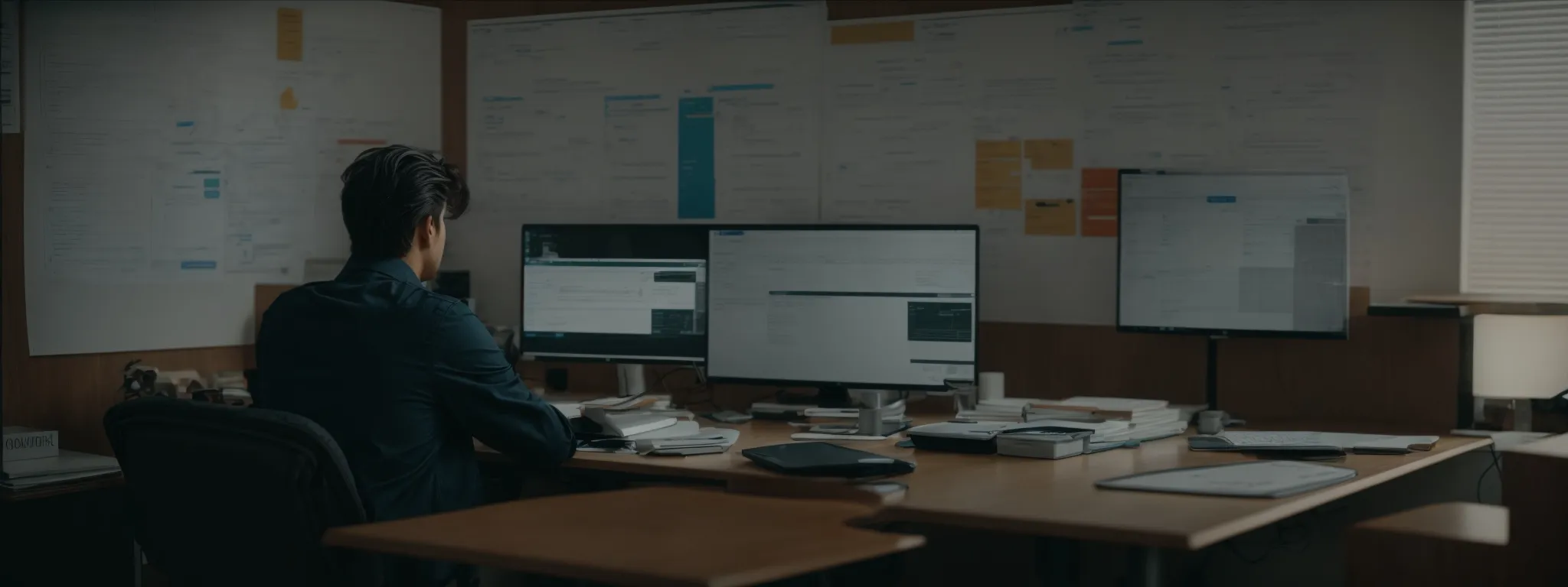 a person sitting at a desk with a computer, surrounded by financial books and a whiteboard with an seo and content strategy plan.