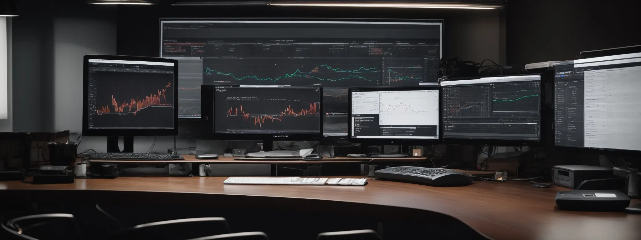 a desk with a modern computer displaying a graph and search analytics while a well-lit room suggests a professional working environment.