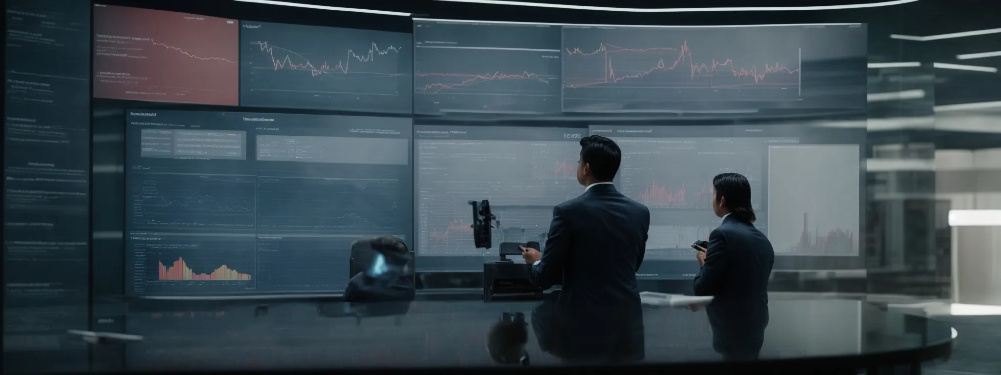 two business professionals analyzing data on a large digital screen showcasing app performance metrics and a search engine results page.