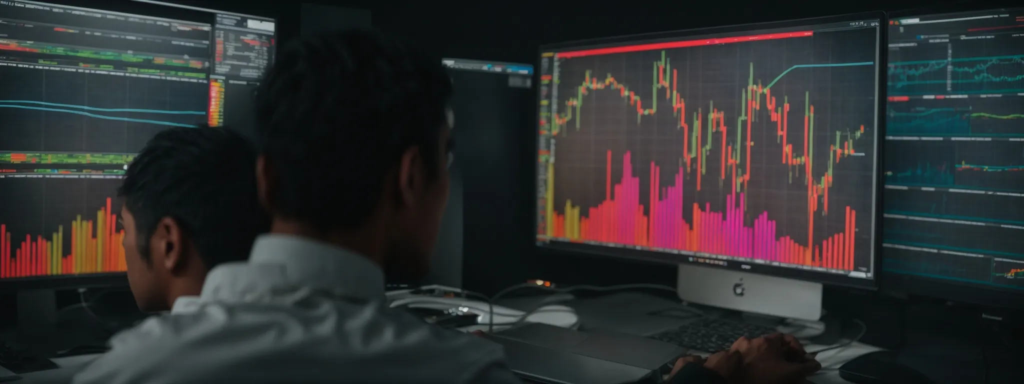a person sitting in front of a computer screen displaying colorful charts and graphs related to seo keyword analytics.