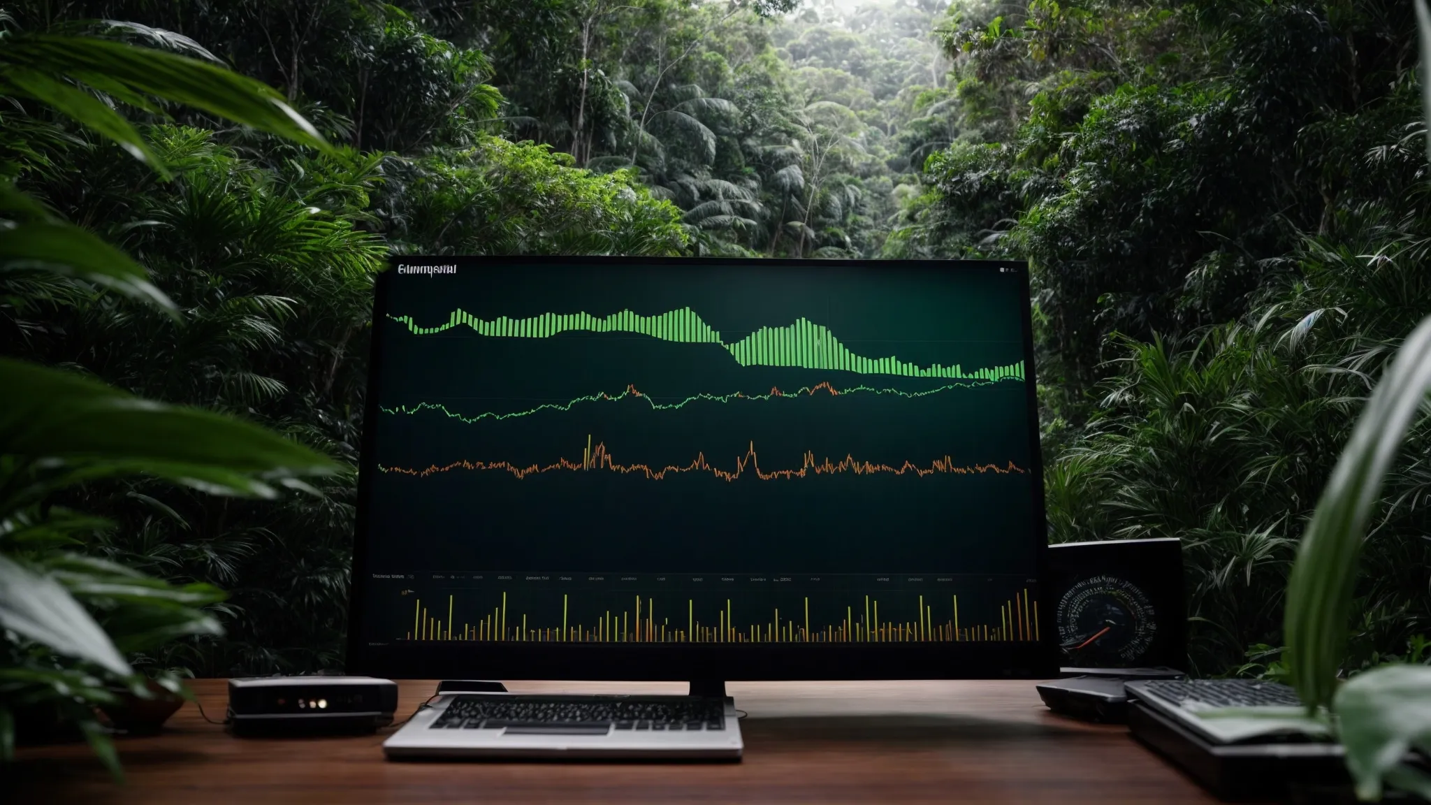 a computer screen displaying a graph of increasing sales with a backdrop of lush amazon rainforest foliage.