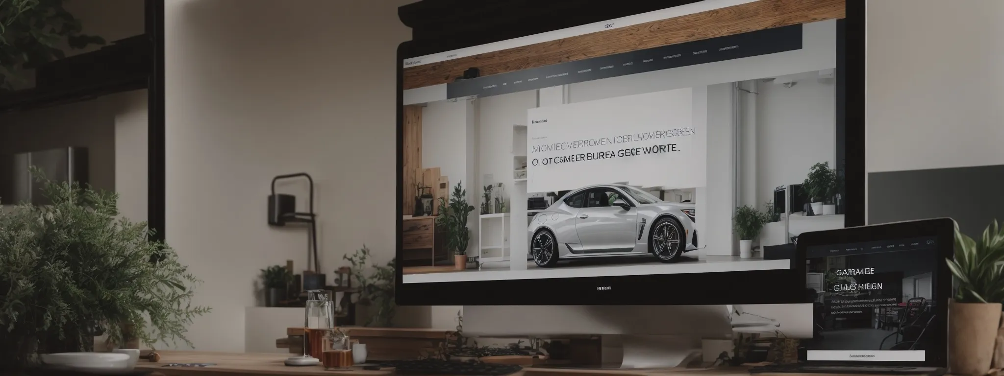 a computer screen displaying the homepage of a sleek garage door company website with an engaging welcome message.