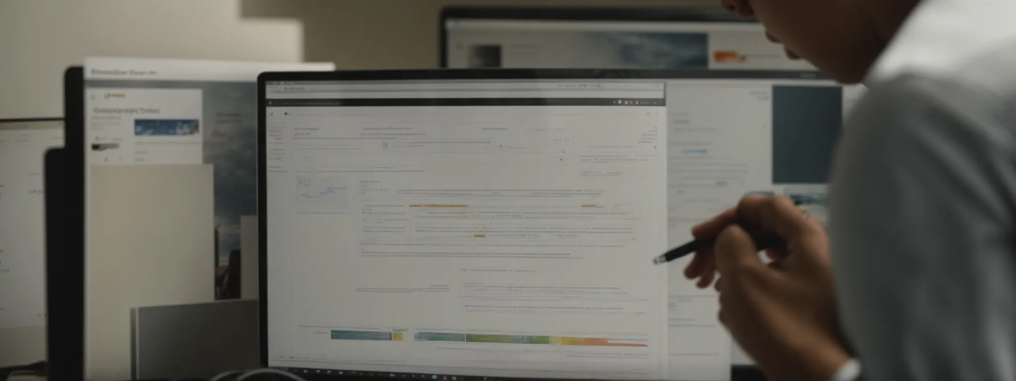 a webmaster scrutinizes a computer screen displaying a search engine results page, while a diagram of a linked chain symbolizes the concept of image hotlinking.