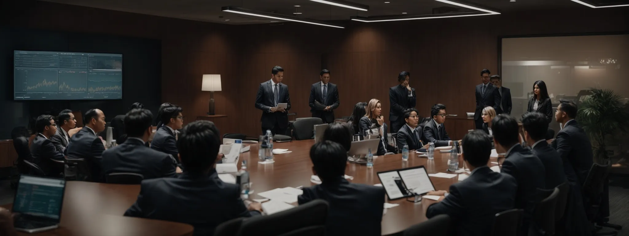 a group of professionals gathered around a conference table, intently discussing strategies and analytics displayed on a large screen.