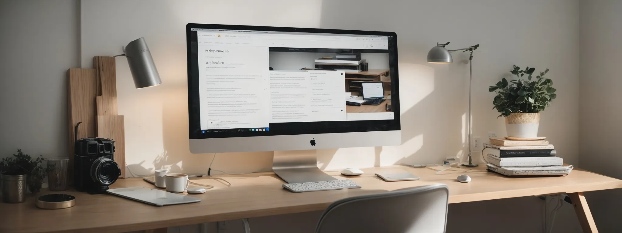 a minimalist home office with a computer displaying a search engine results page and an open book on seo beside it.
