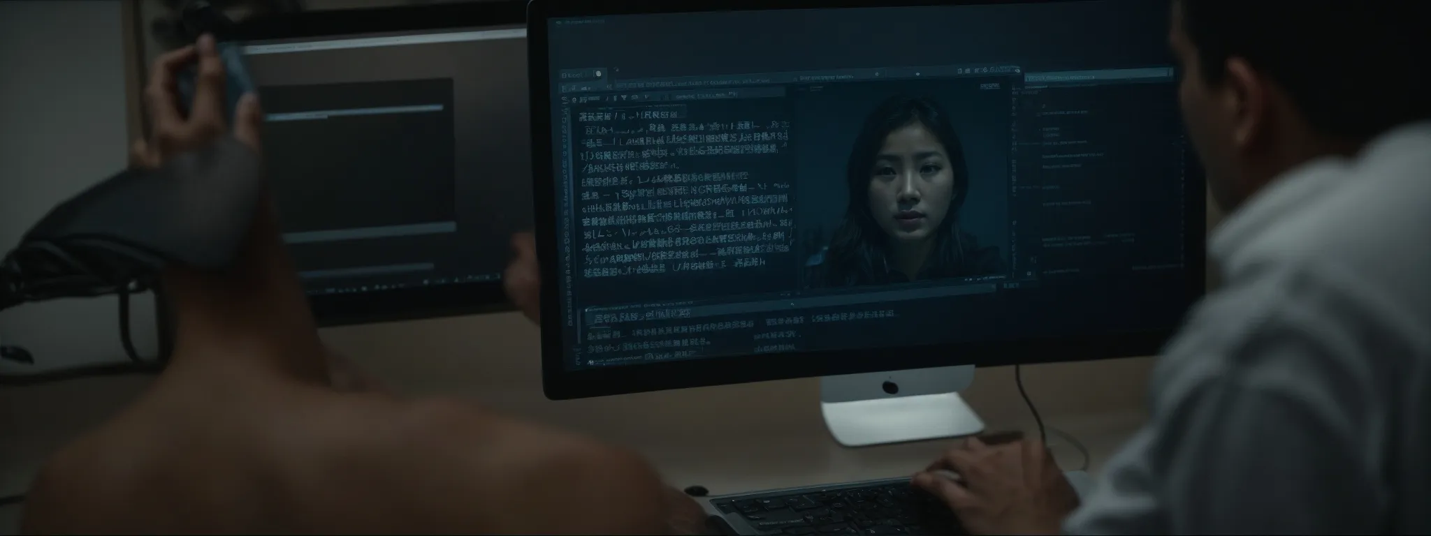 a person watches an educational video on a computer screen, highlighting the transcription text that appears below the video.