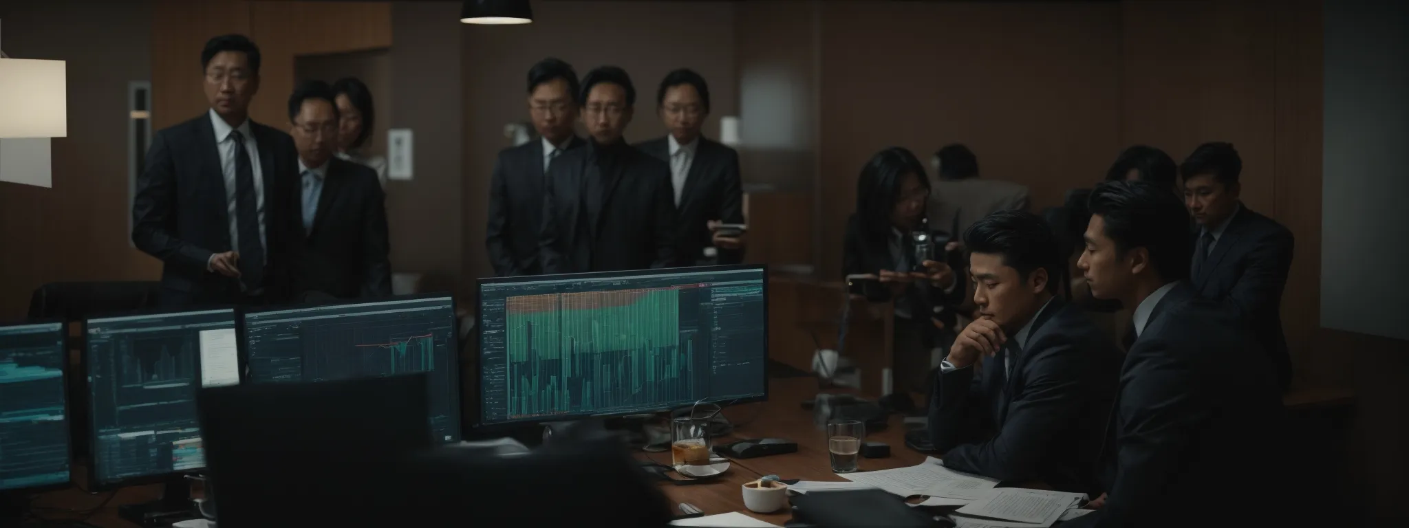 a group of professionals gathered around a conference table looking at a computer screen displaying seo analytics.