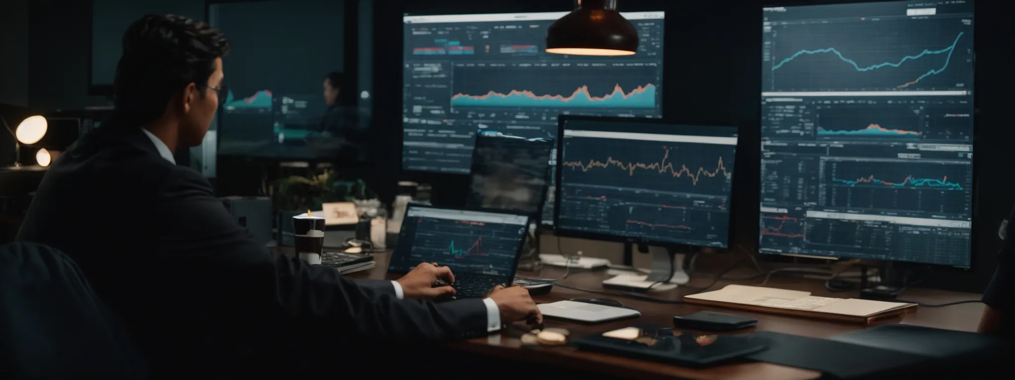 two professionals sitting together in front of a computer screen, examining graphs and charts that reflect website traffic and performance metrics.