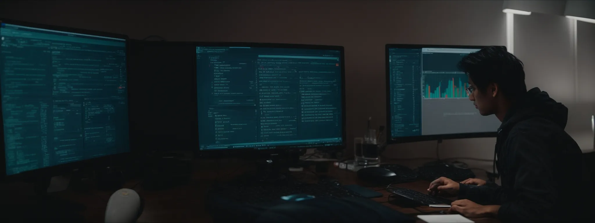 a web developer reviews analytics on a computer screen, optimizing a website's infrastructure.