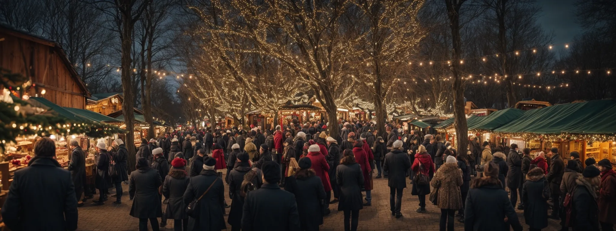 a bustling christmas market illuminated by festive lights with vendors actively engaging with shoppers amidst a forest of holiday trees.