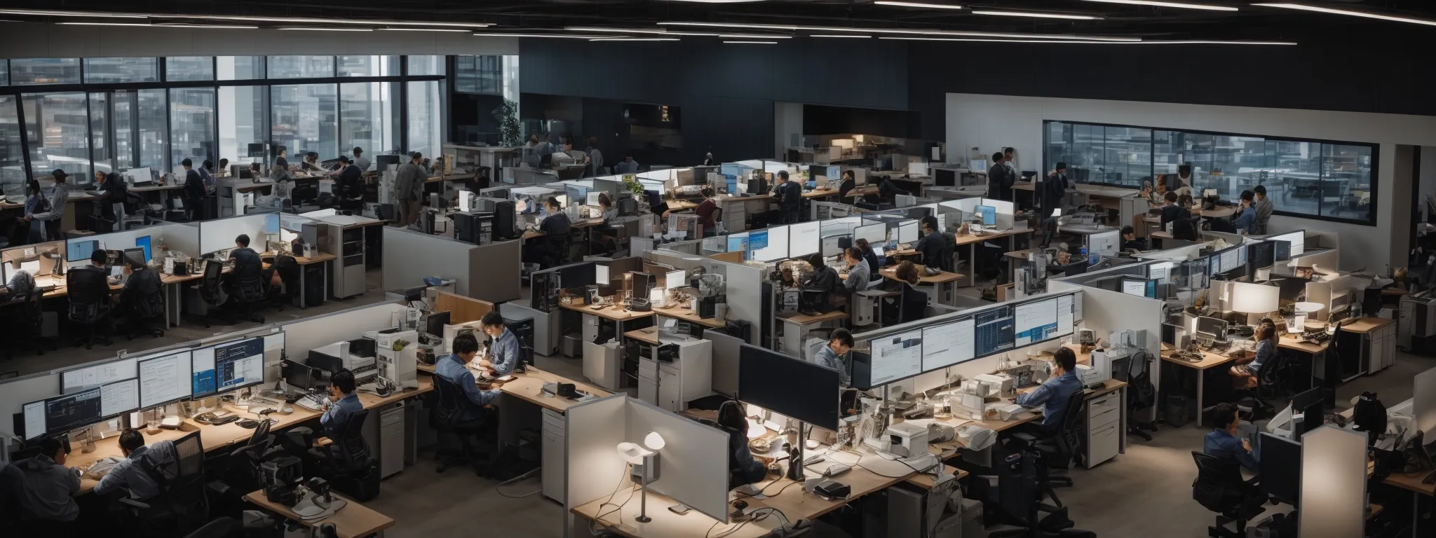 a bustling open-plan office with employees engaged in collaborative work around a central hub of computers and flowcharts.