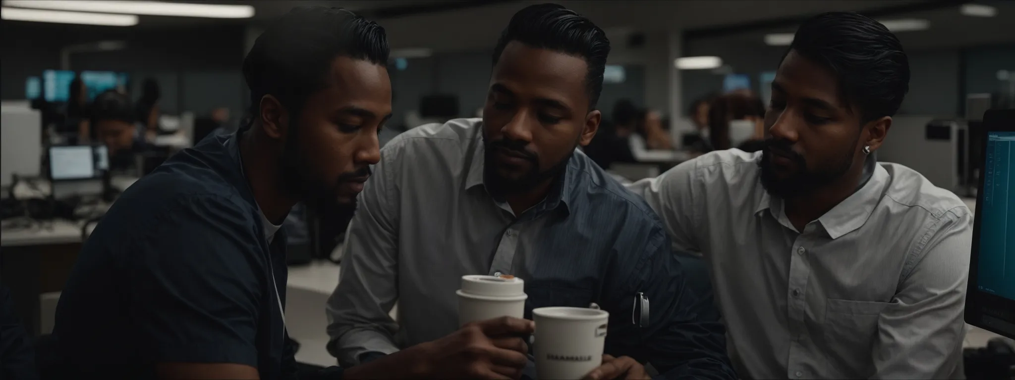 a mentor and mentee collaborating over a computer in a modern office setup, discussing strategy.