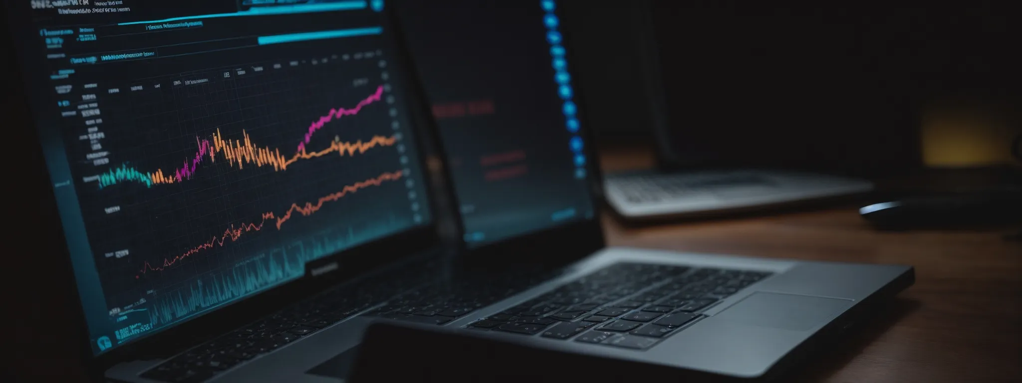 a laptop with a colorful graph on the screen illustrating digital advertising metrics next to a clock emphasizing speed and performance.