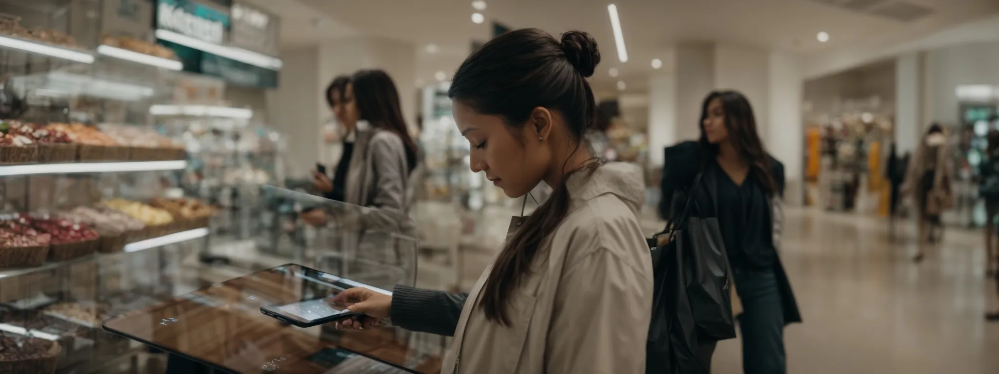 a shopper interacts with a highly intuitive and customized digital interface on a sleek tablet.
