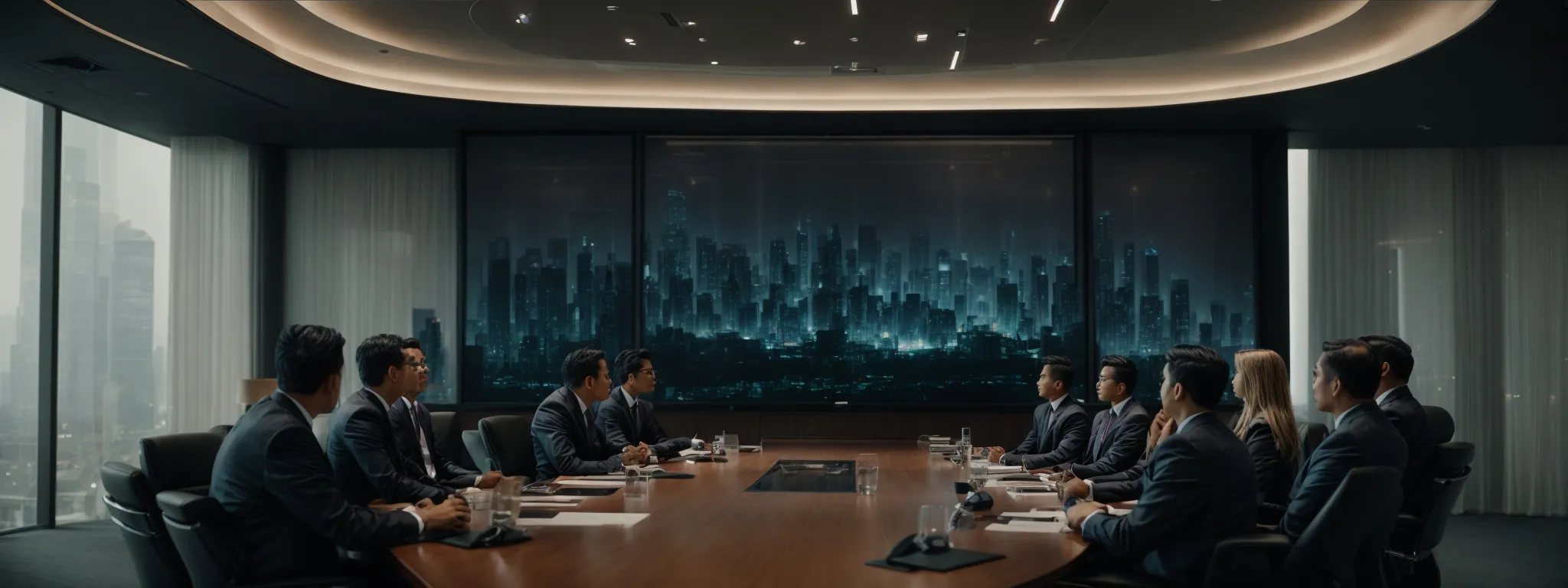 A group of businesspeople in suits sit around a long conference table in a modern boardroom, facing a large window with a city skyline view.