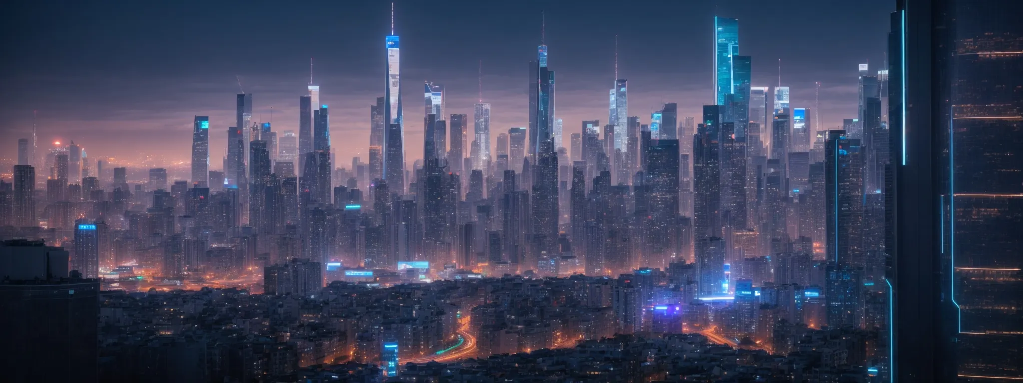 A futuristic cityscape at dusk with densely packed skyscrapers illuminated by blue and orange lights under a hazy sky.