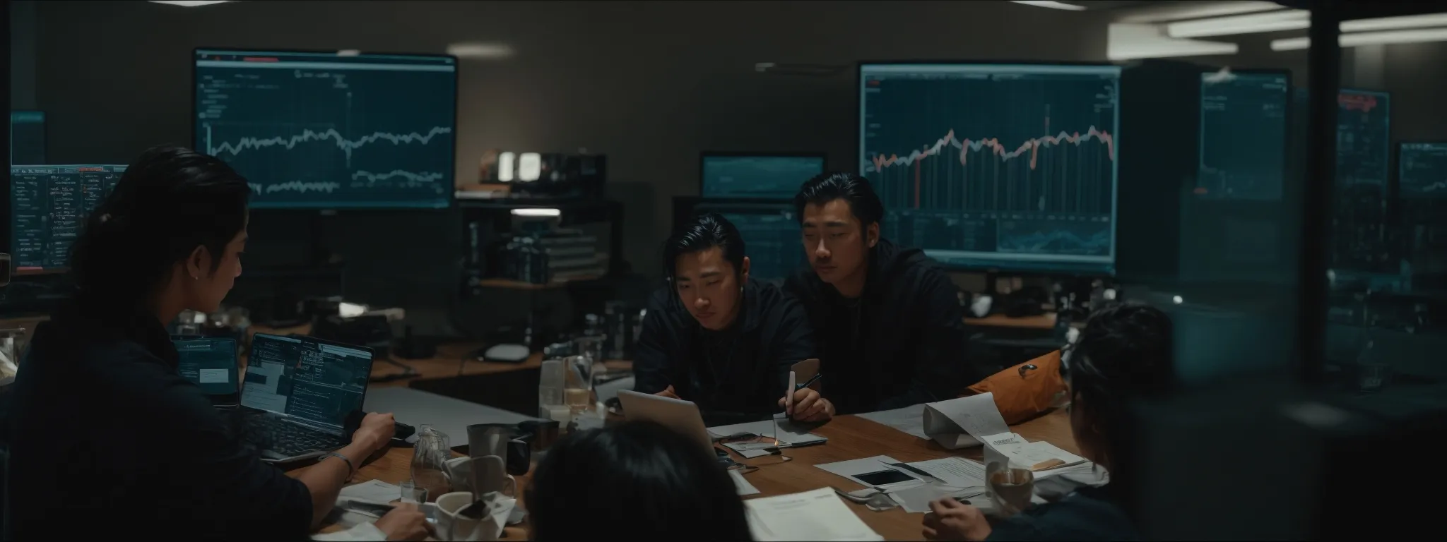 a team huddled over a digital analytics dashboard, strategizing their next content move.