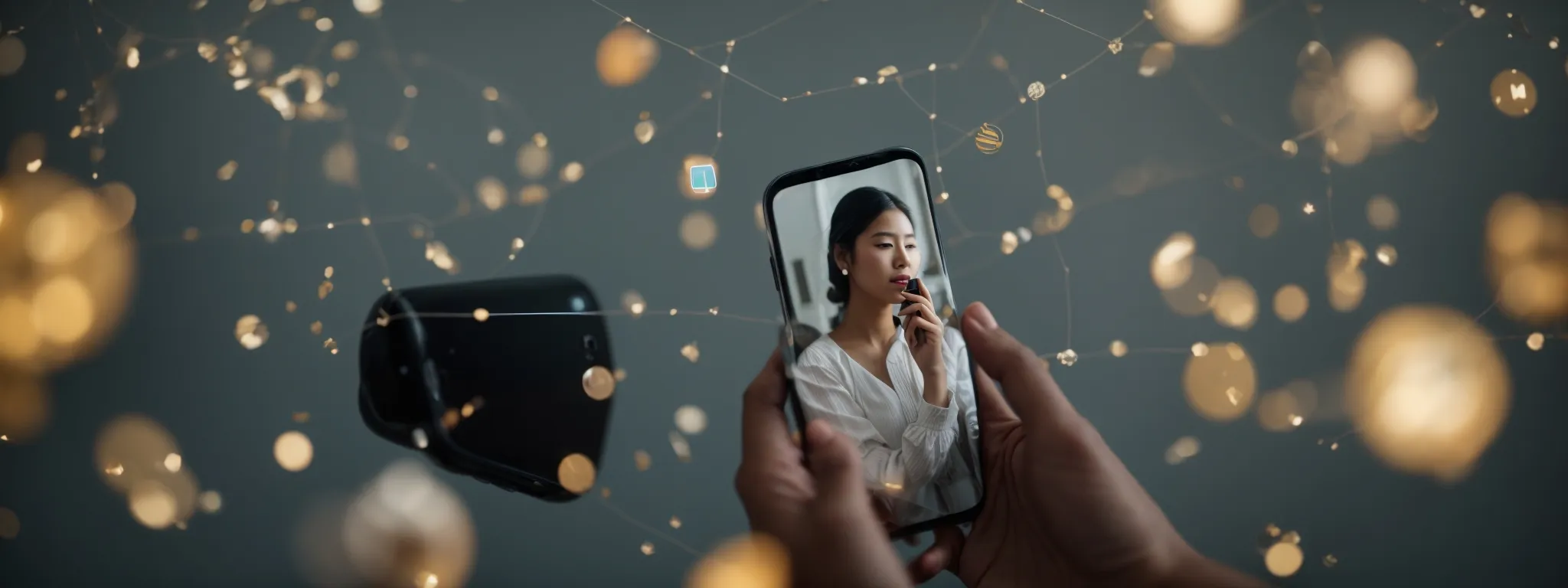 a person speaking into a smartphone while searching online, with icons representing various digital assistants floating around.