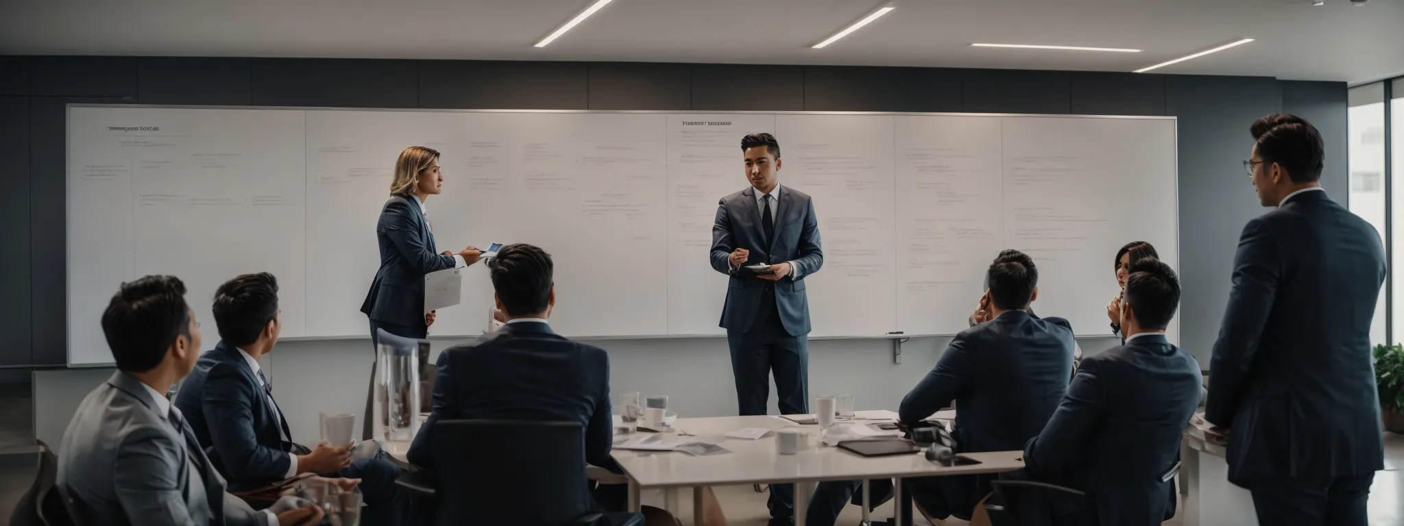 a strategic meeting with a large, clear whiteboard displaying a content marketing roadmap, surrounded by professionals in discussion.