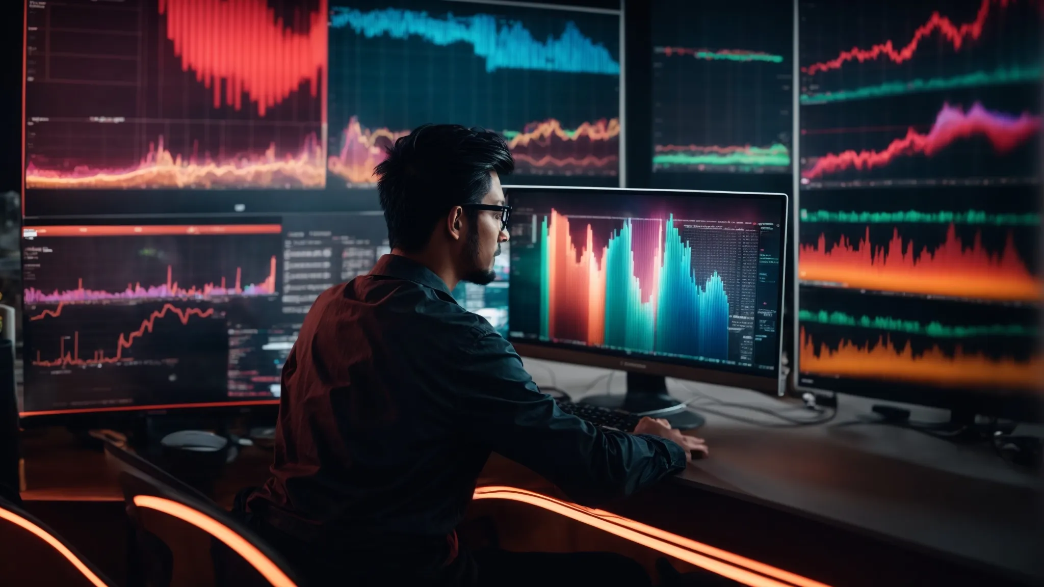 a person sitting at a computer analyzing colorful graphs representing online marketing metrics.