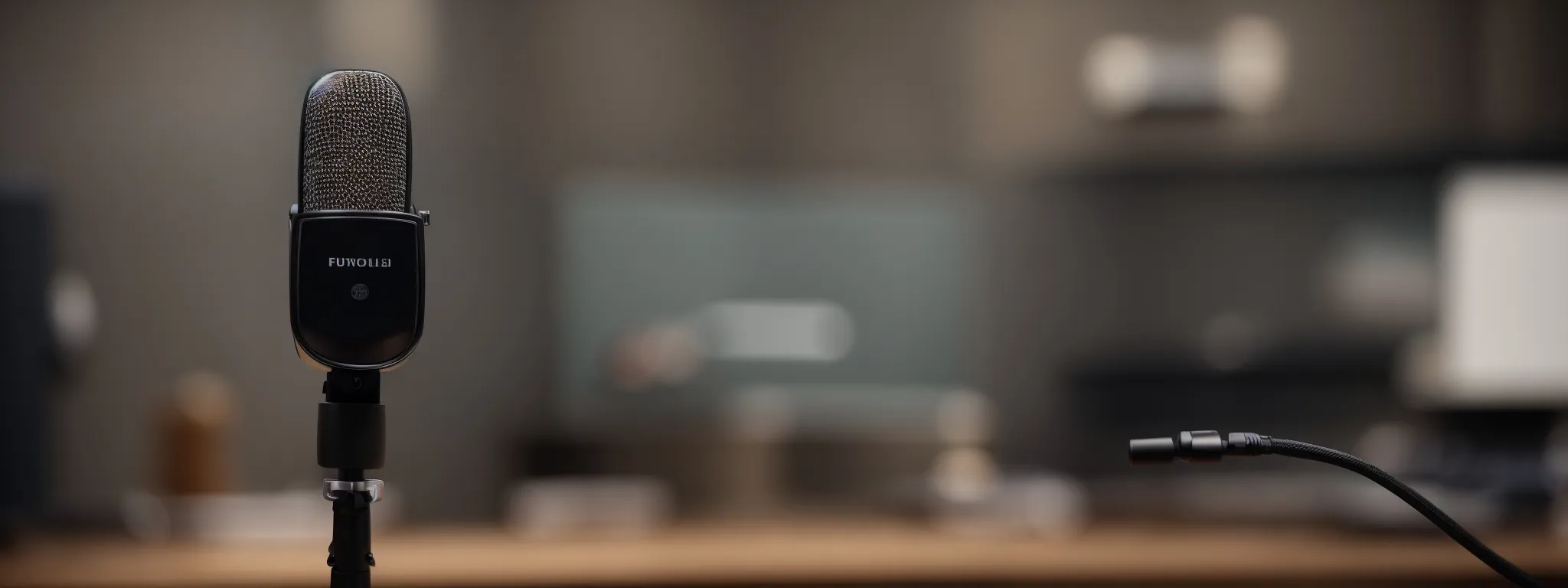 a podcast microphone set against a blurred background symbolizing the focus on audio content and its online presence.