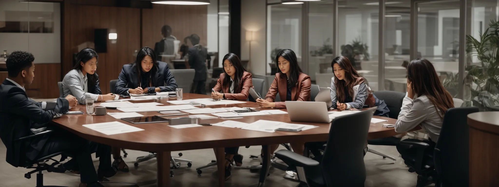 a team brainstorming around a conference table equipped with marketing materials and customer feedback forms.