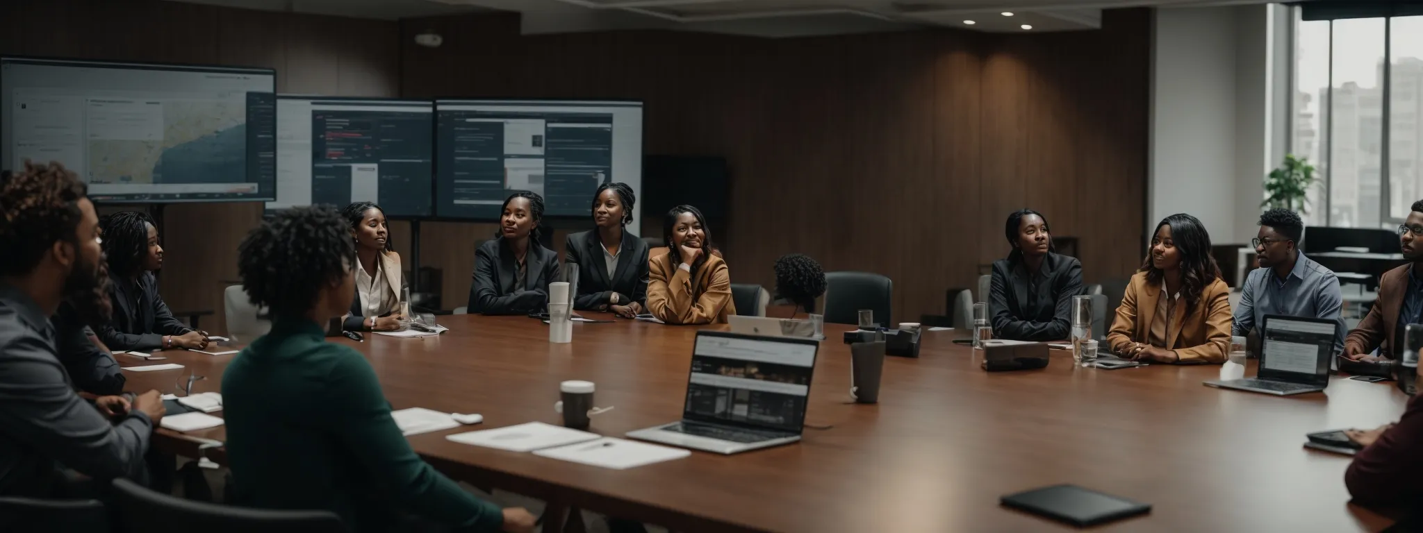 a diverse group of professionals gathered around a conference table, actively engaged in a digital marketing workshop with laptops open and a presentation on a large screen.