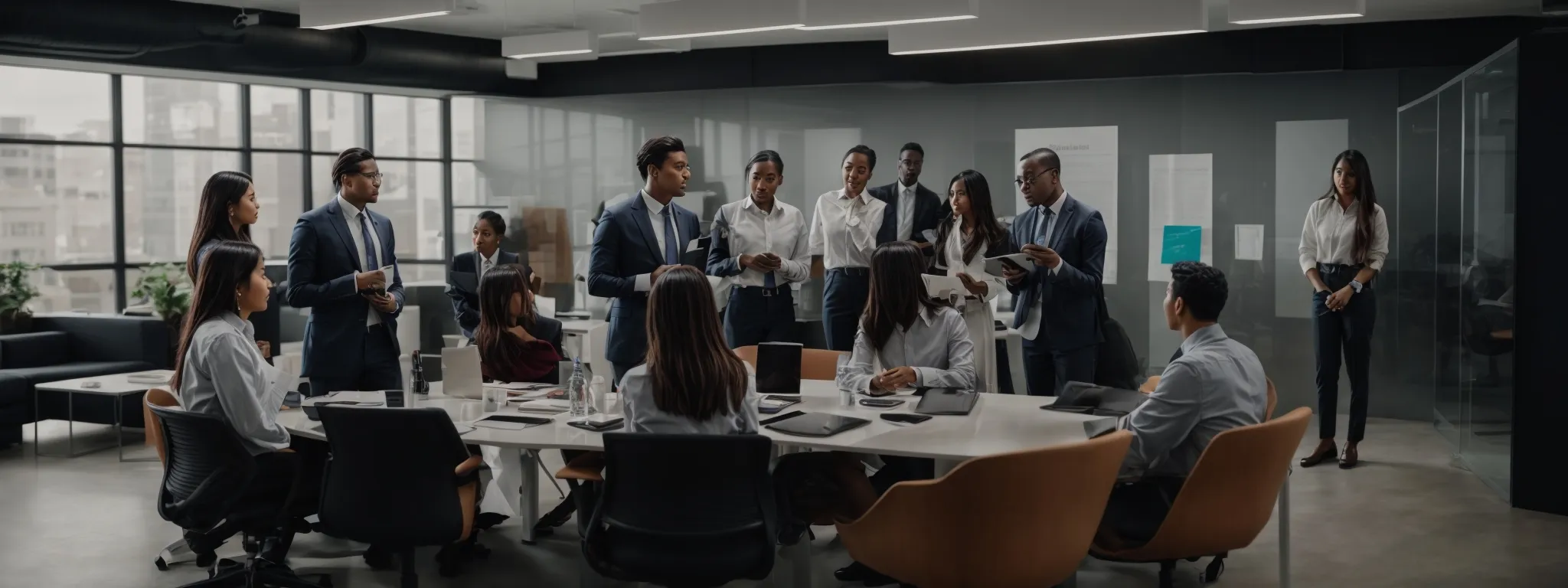 a group of professionals in a modern office space actively engage in a team meeting with a clear agenda displayed on a large screen.