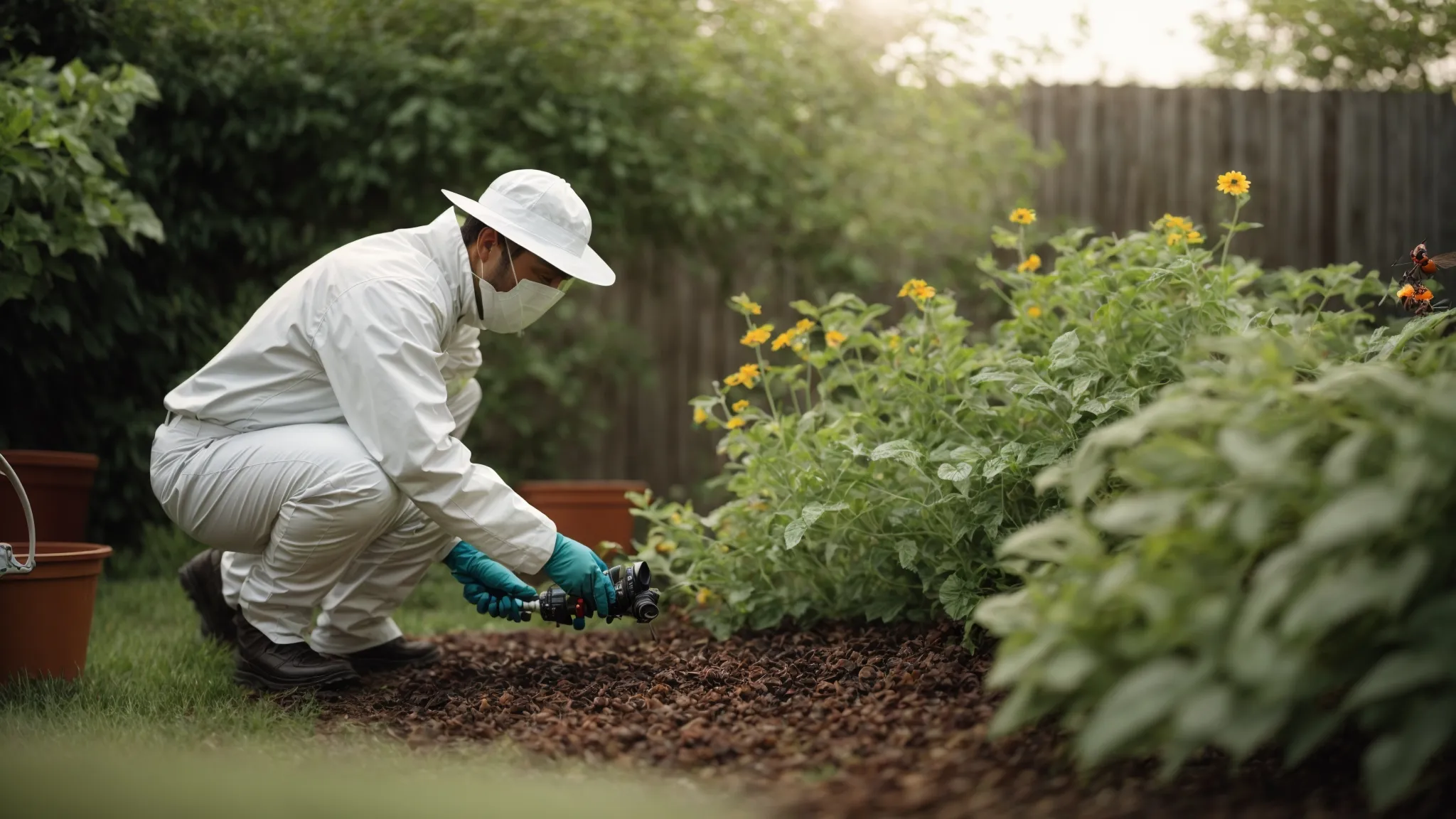 a pest control professional gently releases beneficial insects into a backyard garden as a part of eco-friendly services.