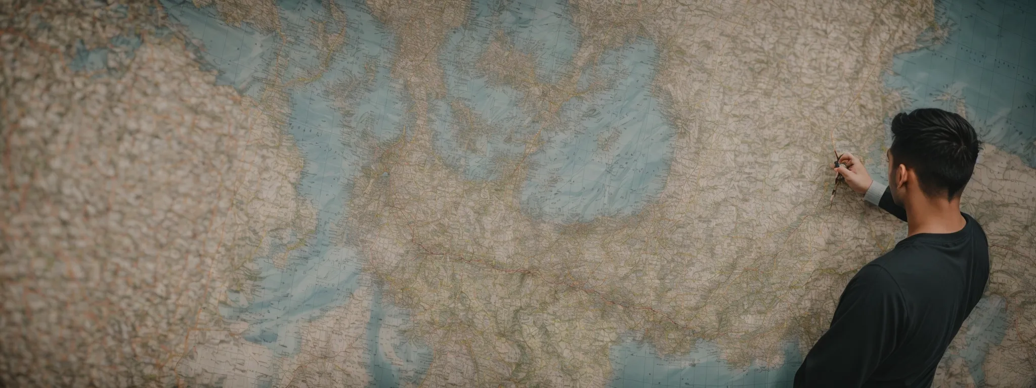 a webmaster selecting routes on a sprawling digital map symbolizing website navigation paths.