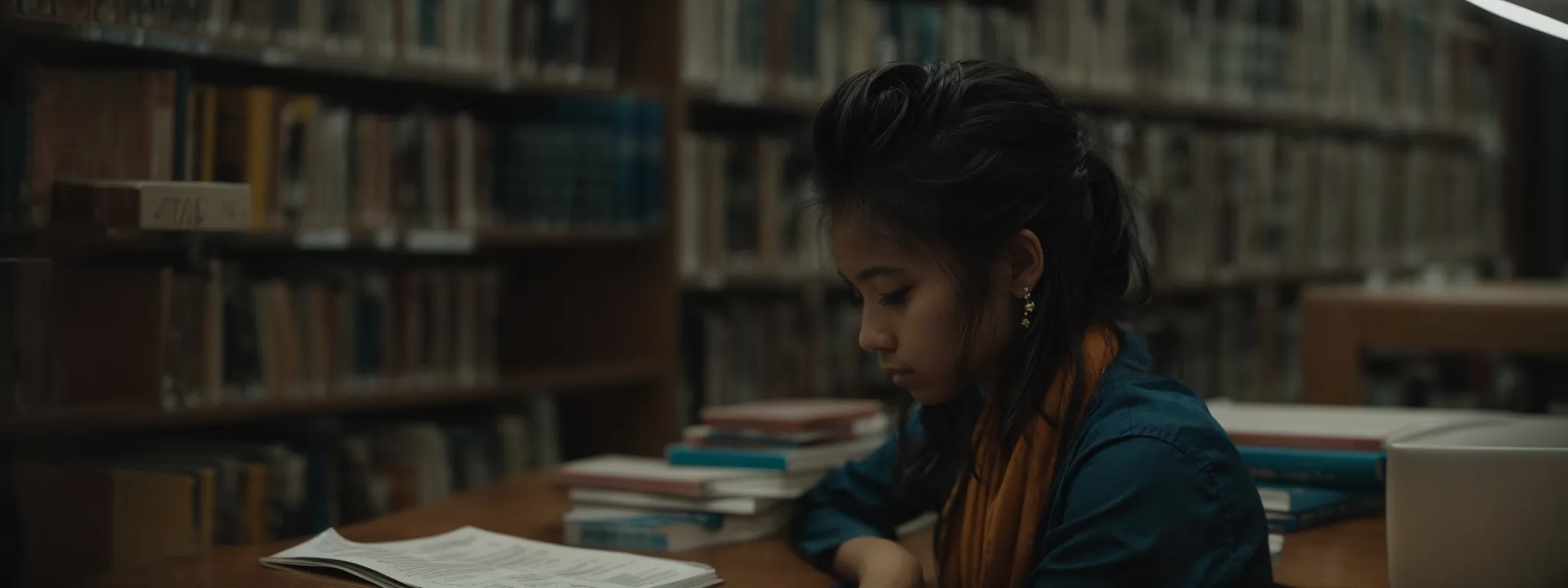 a focused student sits at a computer in a library, researching seo education pathways.
