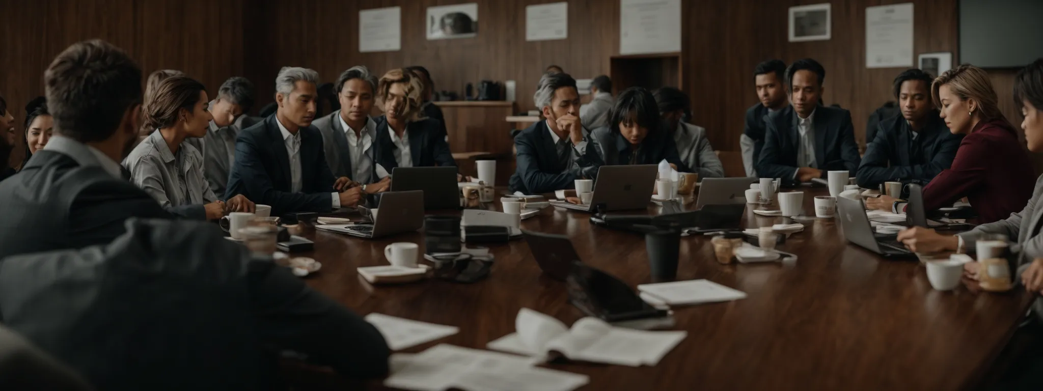 a group of people gather around a conference table, actively engaged in a heated discussion with laptops open and coffee cups scattered about.